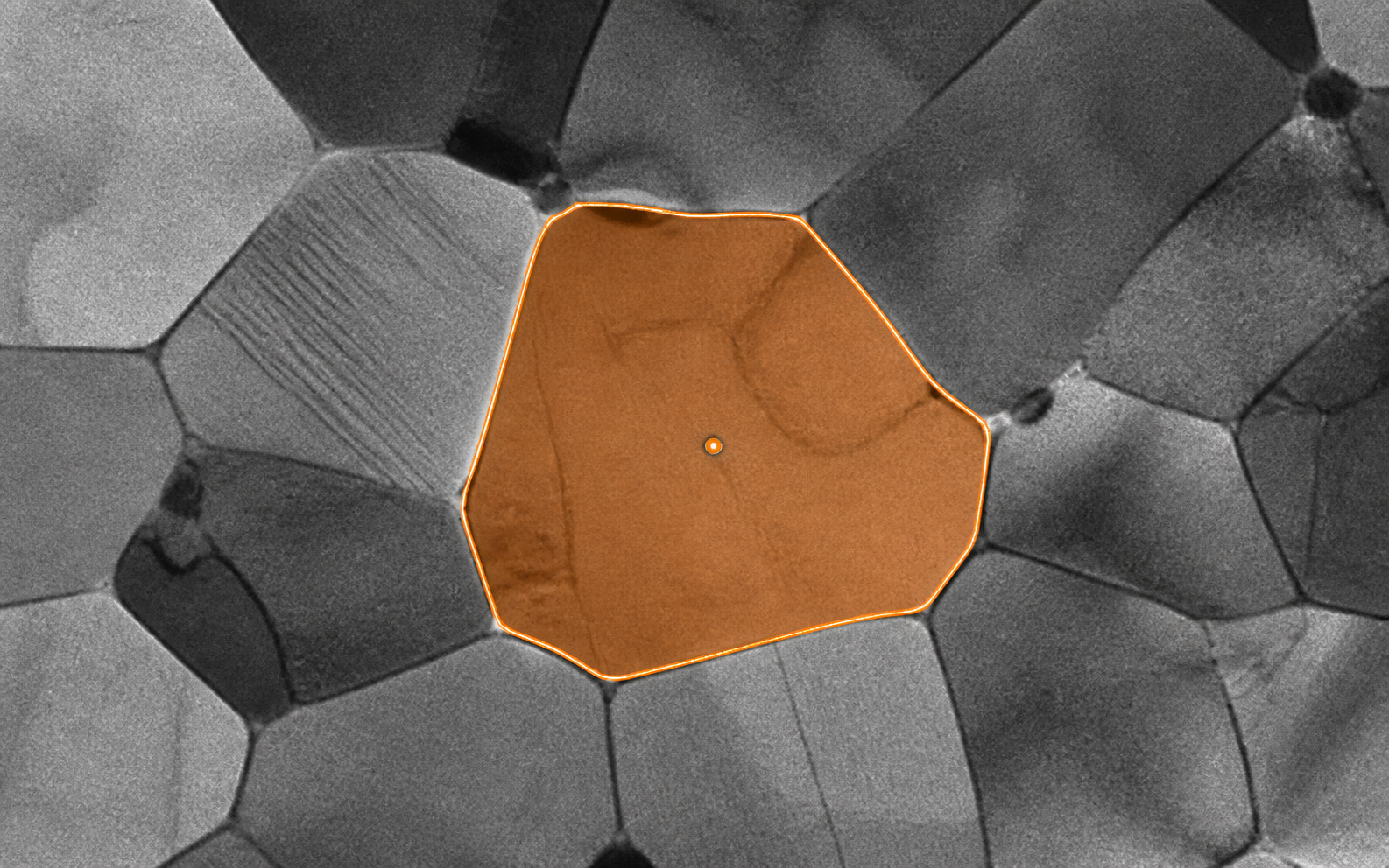Illustrative TEM-style microstructure with one grain highlighted by an orange segmentation mask